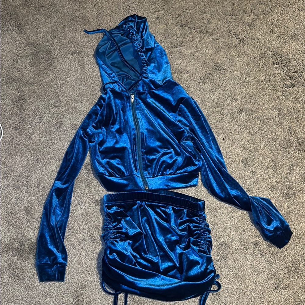 Blue Velvet Velour Hoodie & Ruched Skirt Set